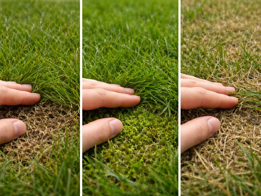 Drie close-ups van gras waarbij je viltlaag, mos en dood gras ziet; hand/vingers voelen de laag.