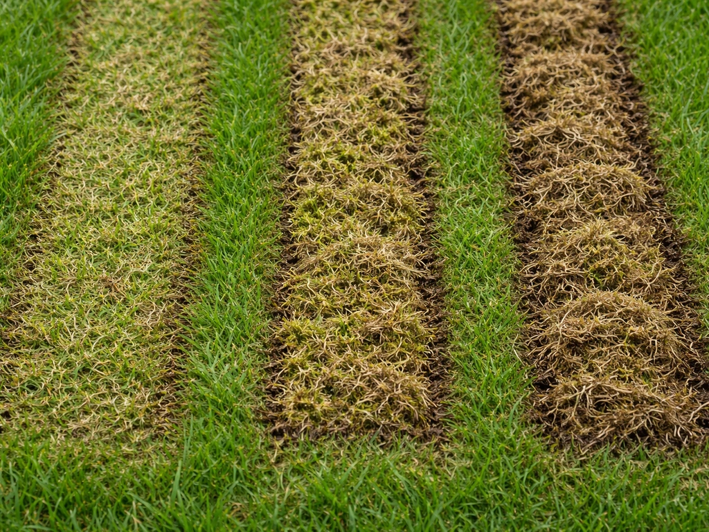 Close-up van drie verticuteerstroken met licht, gemiddeld en ernstig vilt en verschillende snijdiepte.