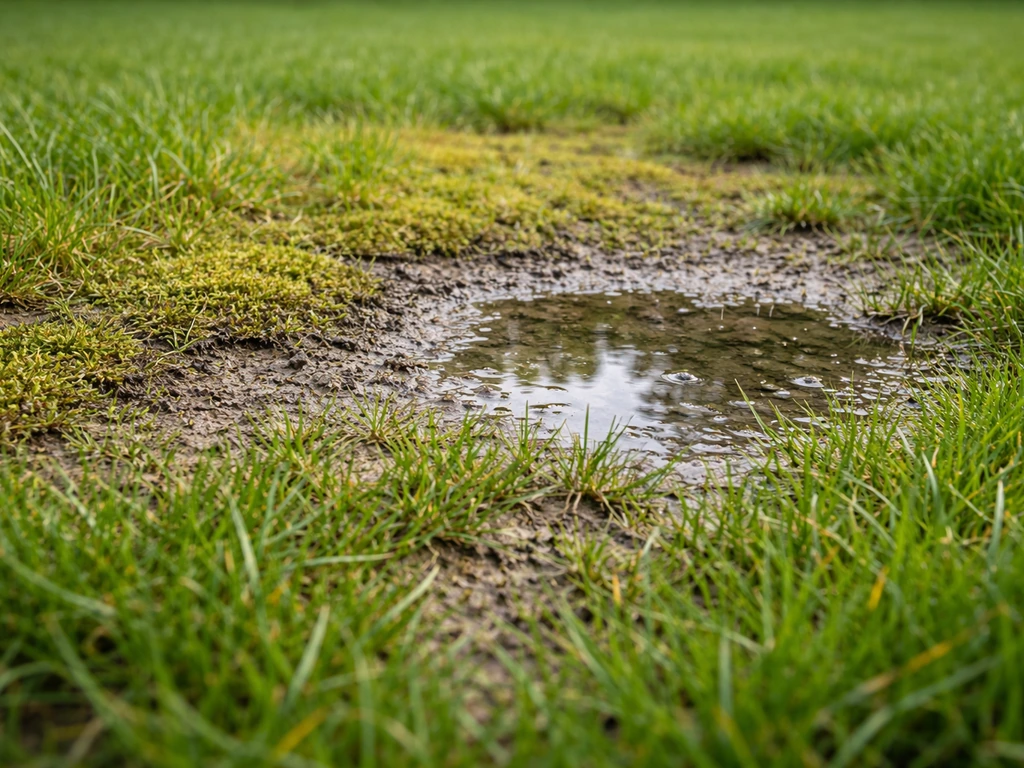 Gazon met duidelijk zichtbare zwakke plekken: mos en verdicht gebied waar water lang blijft staan.