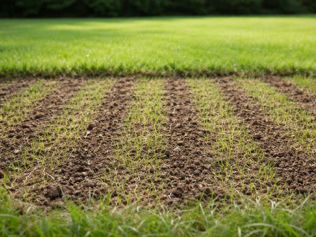Tuin met opengewerkte grond na verticuteren/beluchten en een jong, fris graskiem in herstel