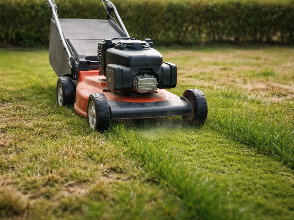 Grasmaaier in vroege lente, gras groeit net, maaibeurt op hoge stand in een rustige tuin