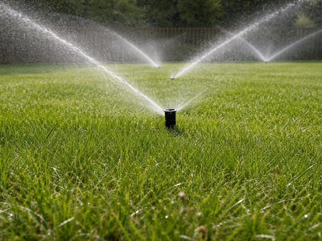 Gelijkmatig sproeien op een gazon met vochtige grasmat en waterdruppels van een sprinklersysteem.