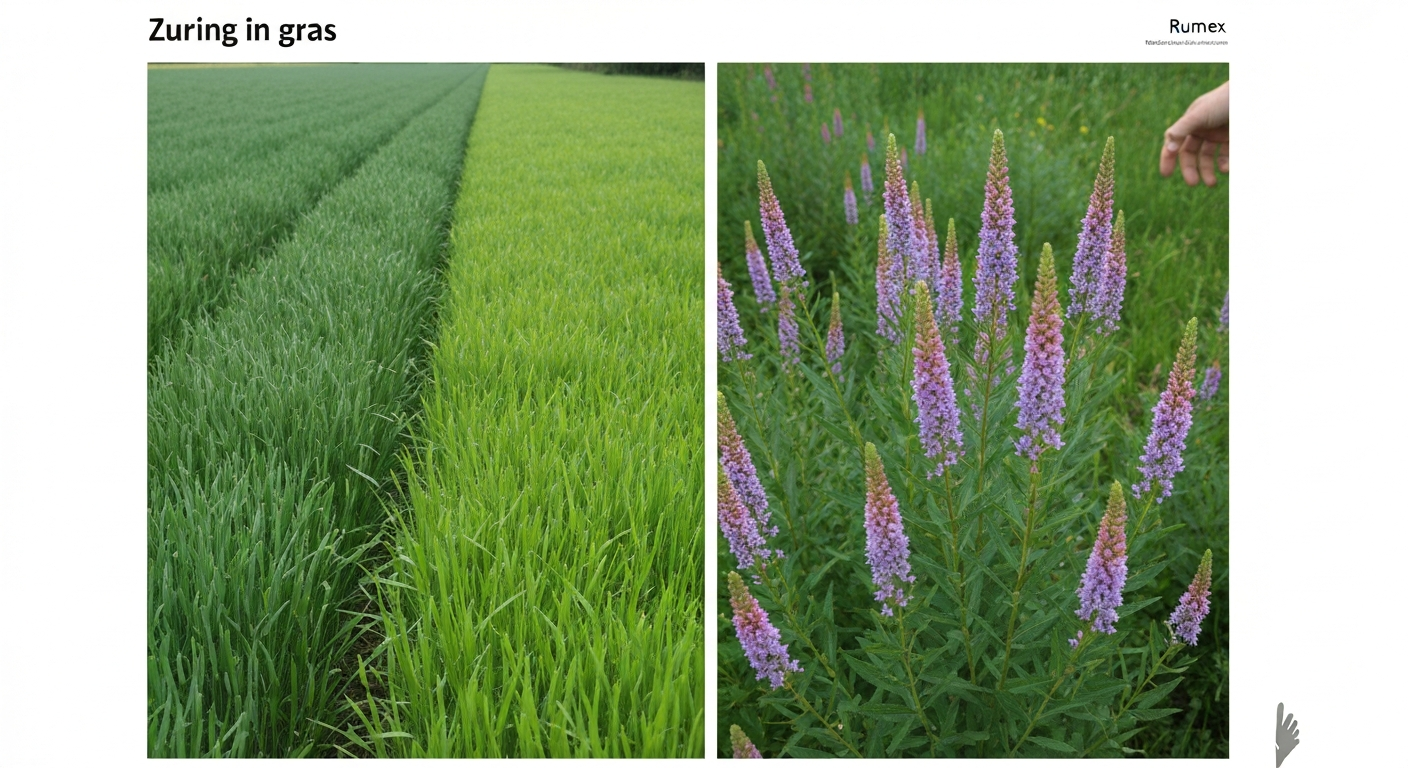 Gazon met gezonde graszode links en zichtbare zuringrozetten rechts; schaalreferentie door harksteel op achtergrond.