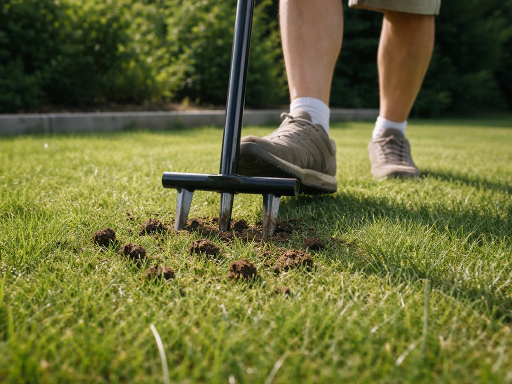 Anonieme tuinier die met een gazonprikker het gras belucht; kleine gaatjes en losse aarde in het gazon zichtbaar.