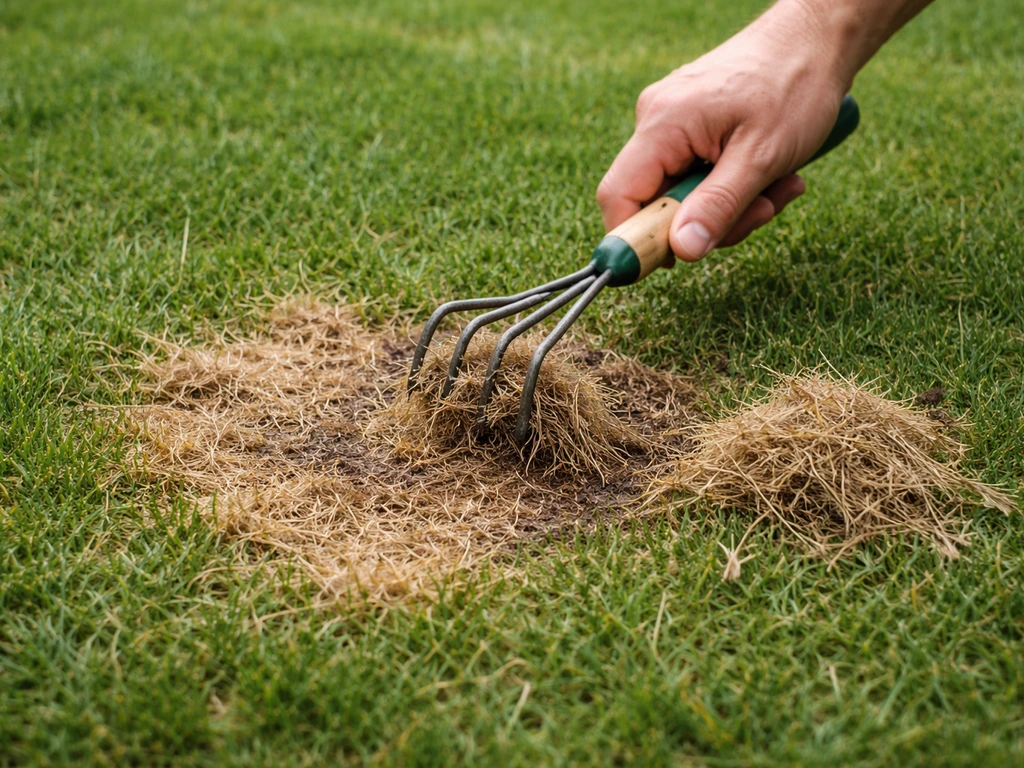 Close-up van een handhark die afgetaste grassprieten uit een schimmelplek op het gazon verwijdert