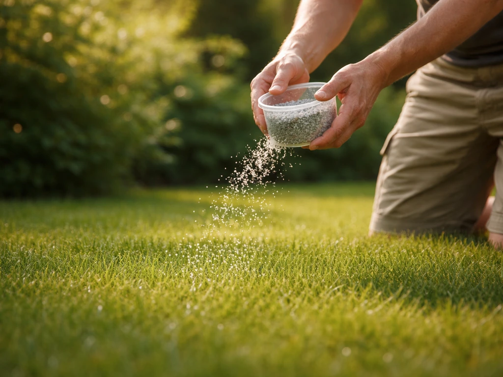 Anonieme handen strooien langzaamwerkende gazonmest in juli op een groeiend groen gazon in een tuin.