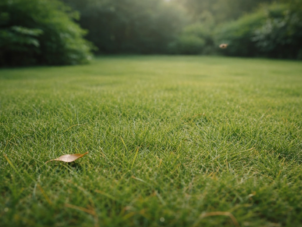 Lichtgroen Engels gras zonder veel bloemen, met nauwelijks bijenactiviteit in de ochtend.