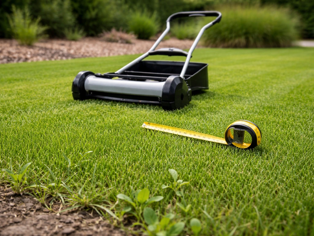 Gazon op 5–6 cm maaihoogte met meetlint en hergroeiende kruiden na het maaien.