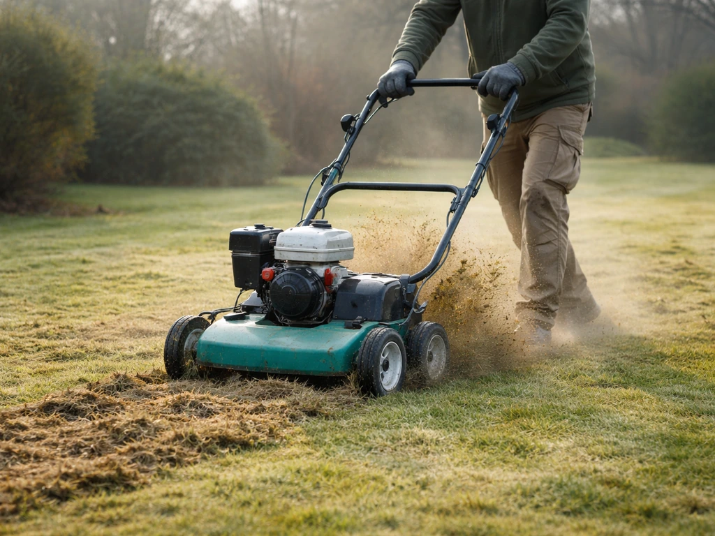 Anonieme tuinier verticuteert en belucht een gazon met een machine; rustige tuin, natuurlijk licht.