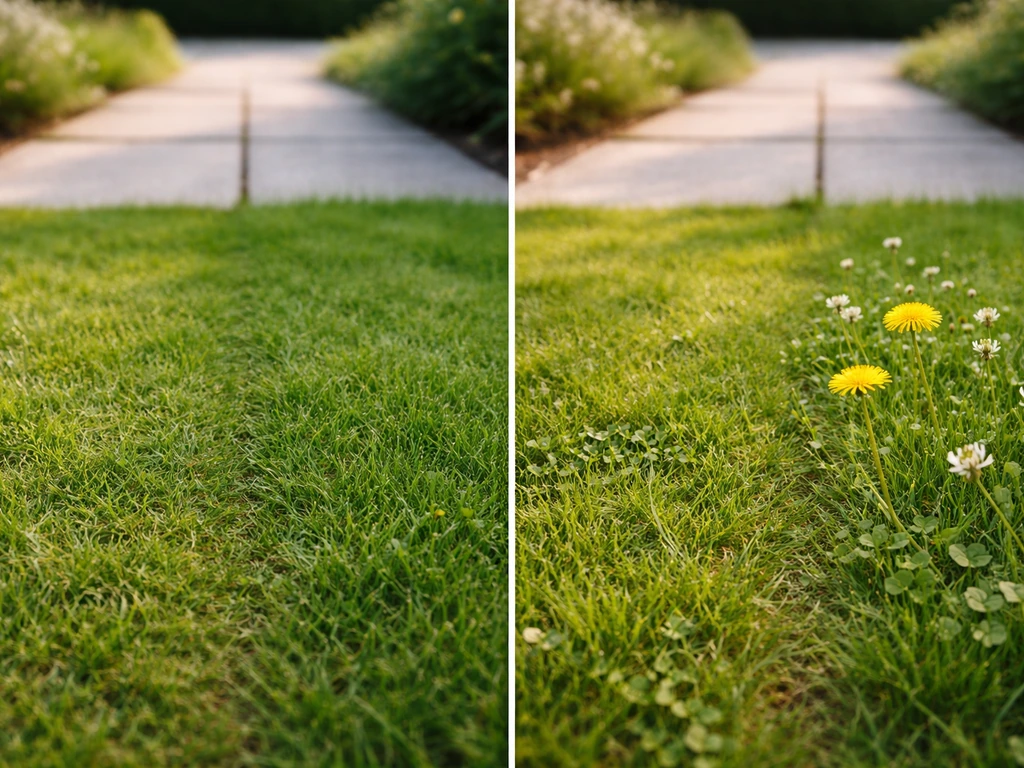 Tuin-gazon met links kort gras en rechts paardenbloemen en klaver als bijenvoer.