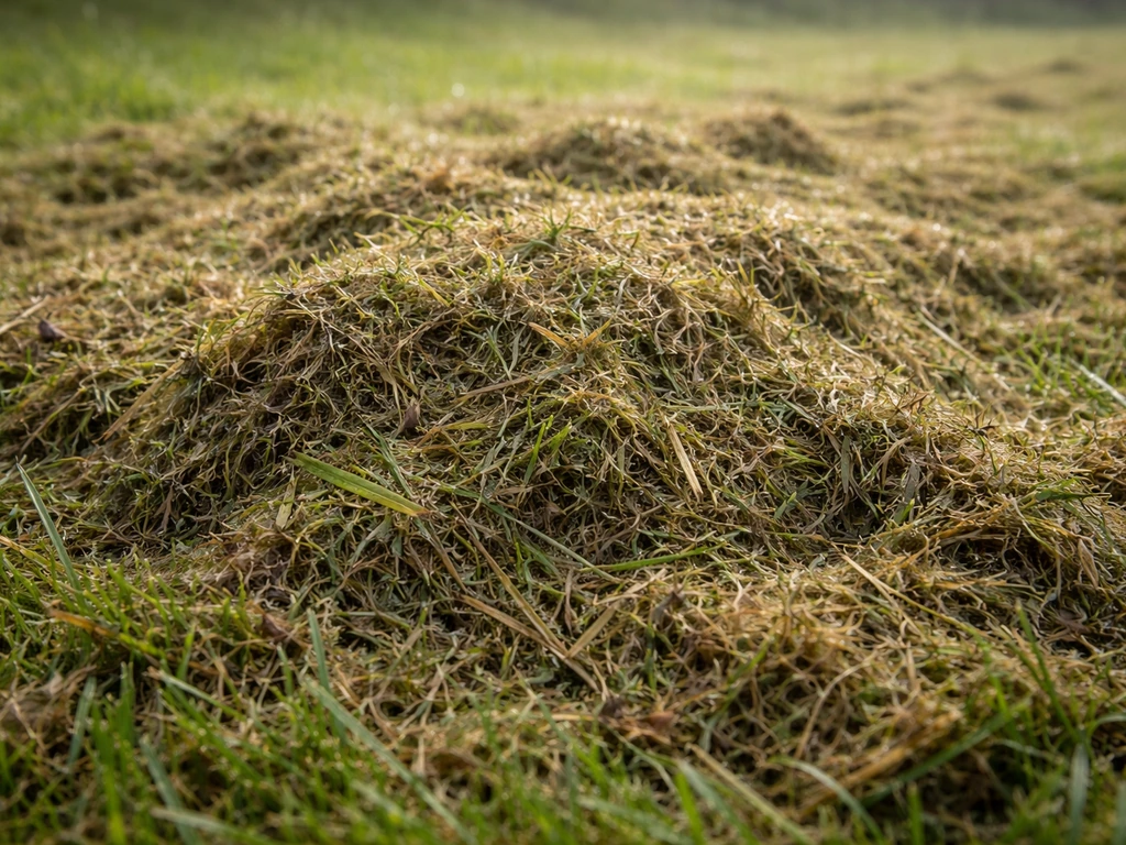 Dikke laag maaisel op een gazon met warm, broeierig ogende vochtige resten