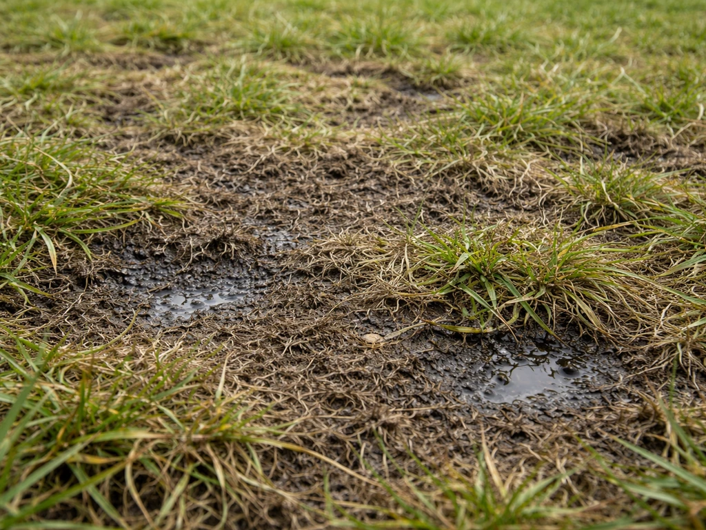 Donker verkleurd gazon met zichtbare viltlaag en nat, stagnerend vocht tussen de graspolletjes
