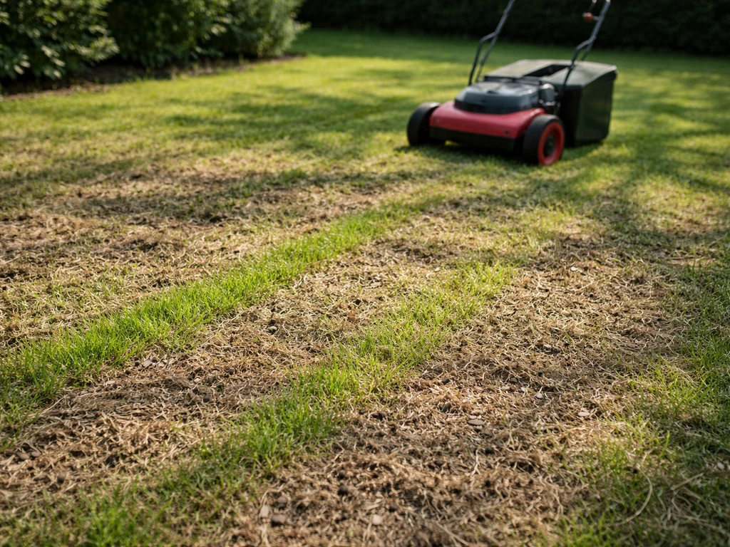 Tuin waar een gazon is gelucht/verticuteerd: opengewerkte bodem en fris groen gras in daglicht.