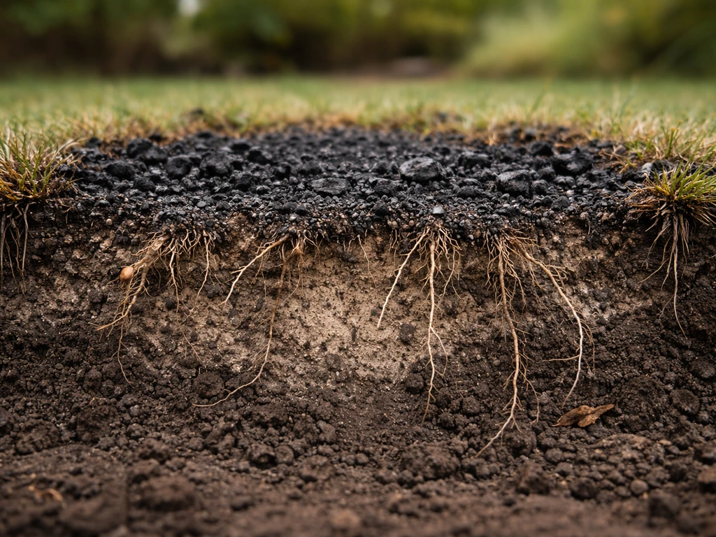Uitgegraven graszode met verkoolde as bovenin en beschadigde wortelzone in de bovenste grondlaag.