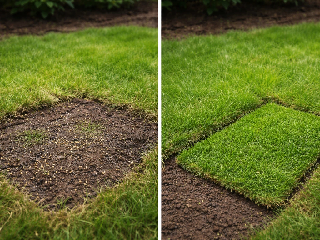 Links kale grond met ingezaaid graszaad en deklaag, rechts strak gelegde grasmat voor snel herstel