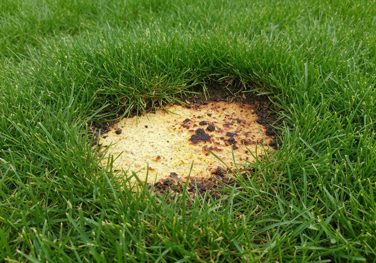 Scherp afgebakende bruine en gele brandplekjes op een groen gazon waar vloeistof precies terechtkwam.