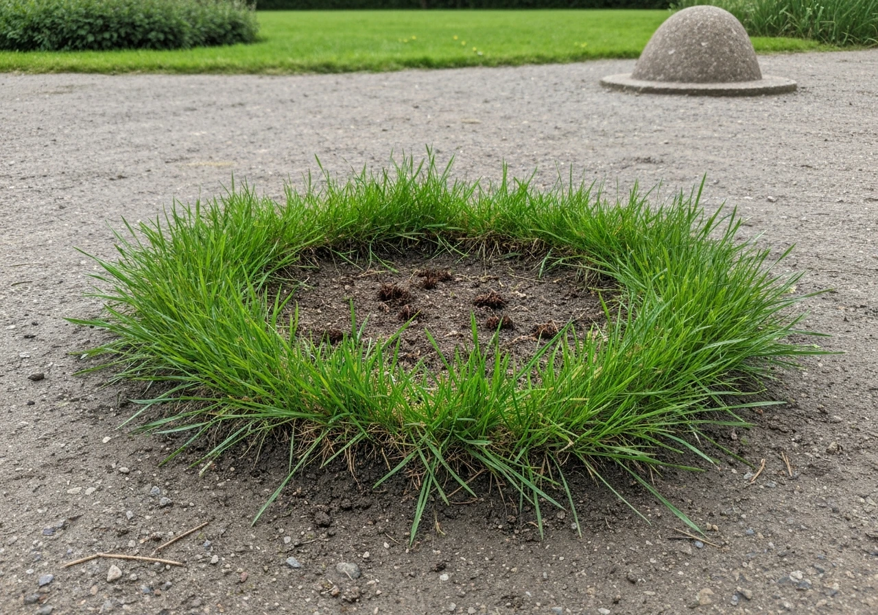 Close-up van een herstellend gazonplekje met groene grassprieten eromheen en een tuinslang naast de bodem
