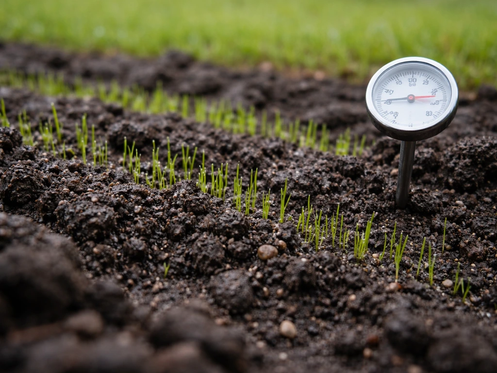 Vochtige tuinbodem met kiemend ingezaaid gras en een bodemtemperatuurmeter naast de grond.