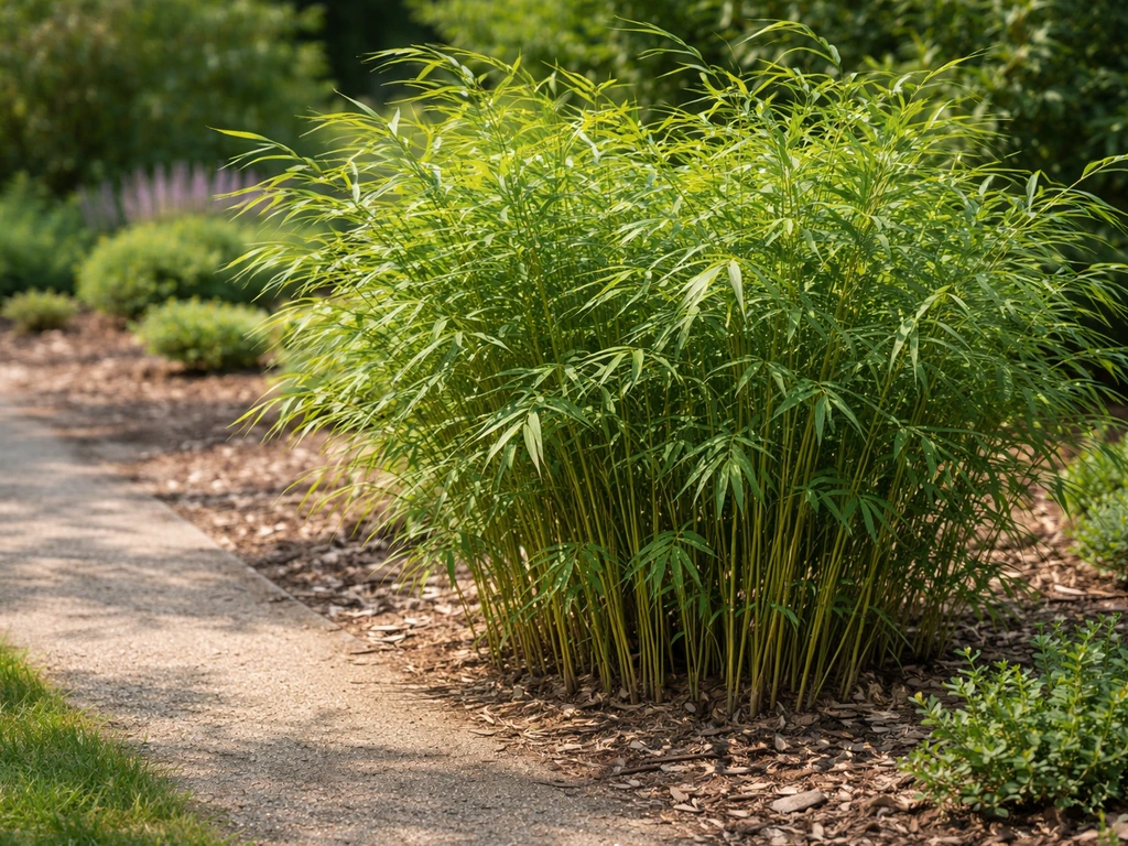 Bamboe graspol in volle groei langs een tuinpad, slanke halmen en ruisende bladeren in natuurlijk licht.