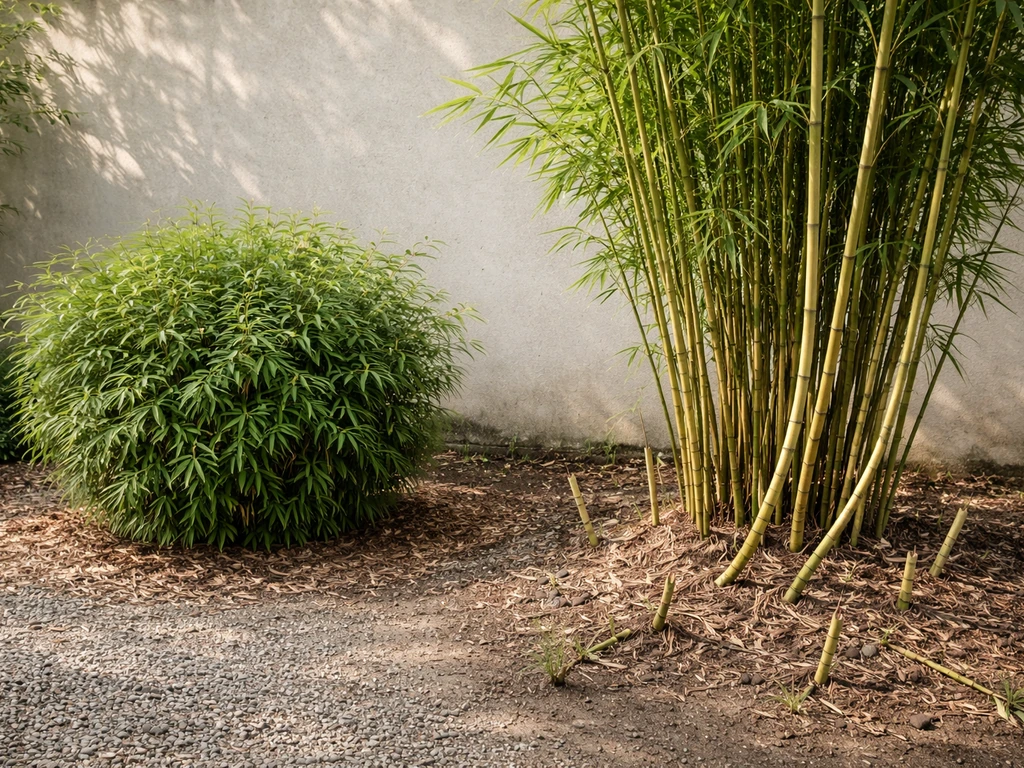 Compacte Fargesia-pollen naast bamboepalm-achtige uitlopers in een rustige tuin, met focus op controle