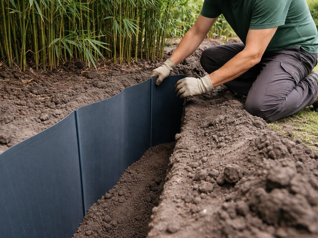 HDPE-wortelbarrière in een diepe sleuf rond bamboe, met zicht op plaatsing en aansluiting van de grond.