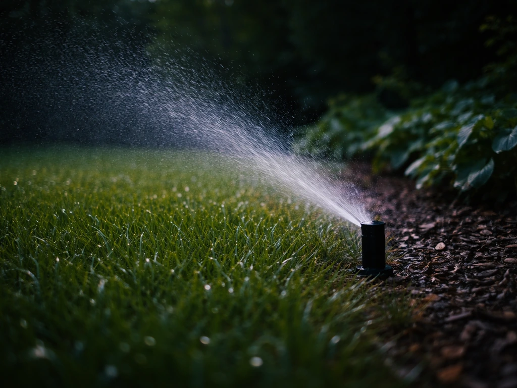 Natte grasrand met een sproeier die in de avond water geeft; druppels en glanzend groen zichtbaar.