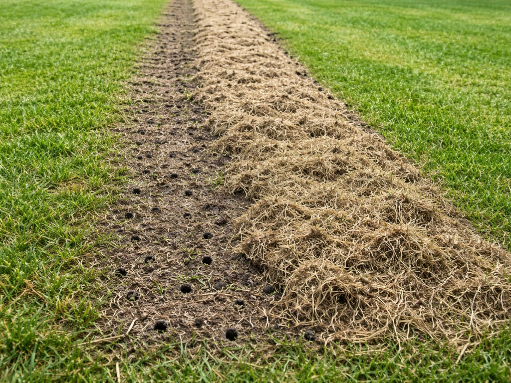 Close-up van verticuteren: losse viltlaag en dood gras op een beschadigd gazon, open plekken zichtbaar.