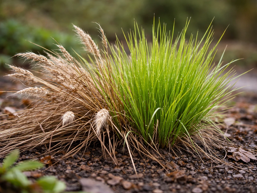 Close-up van Little Bunny graspol: oude winterhalmen naast fris nieuw groen in het vroege voorjaar.