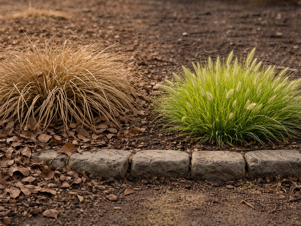 Tuinbeeld van een bladverliezend siergras met oud dor blad en frisse groene uitloop, subtiele seizoensindicatie.