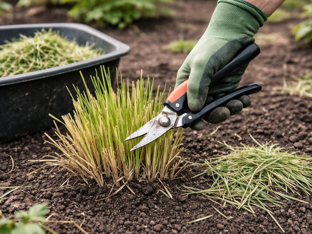 Hand knipt oude halmen van een tuinplant terug; maaisel ligt klaar bij kruiwagen in een rustige tuin.