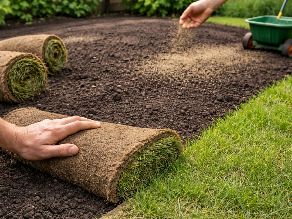 Close-up van graszoden die worden uitgerold en graszaad dat wordt uitgezaaid op voorbereide grond.