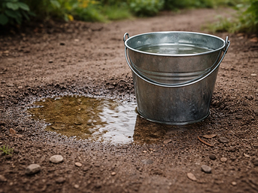 Emmer met water op kale grond, zichtbaar waterpeil dat wegzakt door bodem en afwatering.