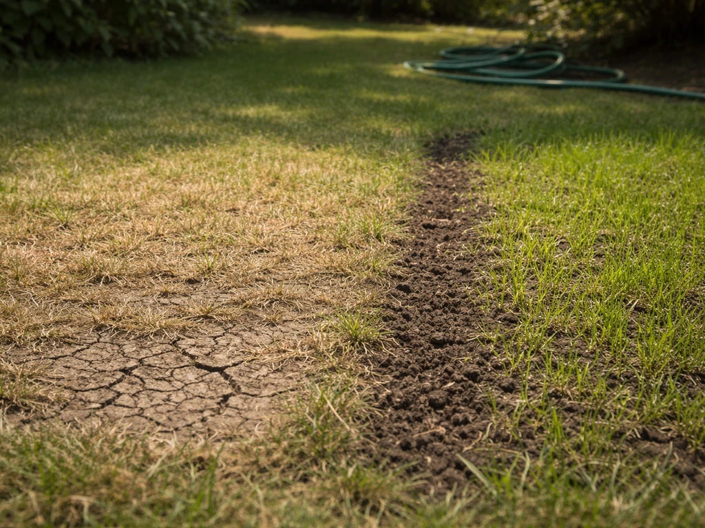 Gedeeltelijk uitgedroogde graszoden naast nieuw ingezaaide plek in een rustige tuin, met slang op de achtergrond.