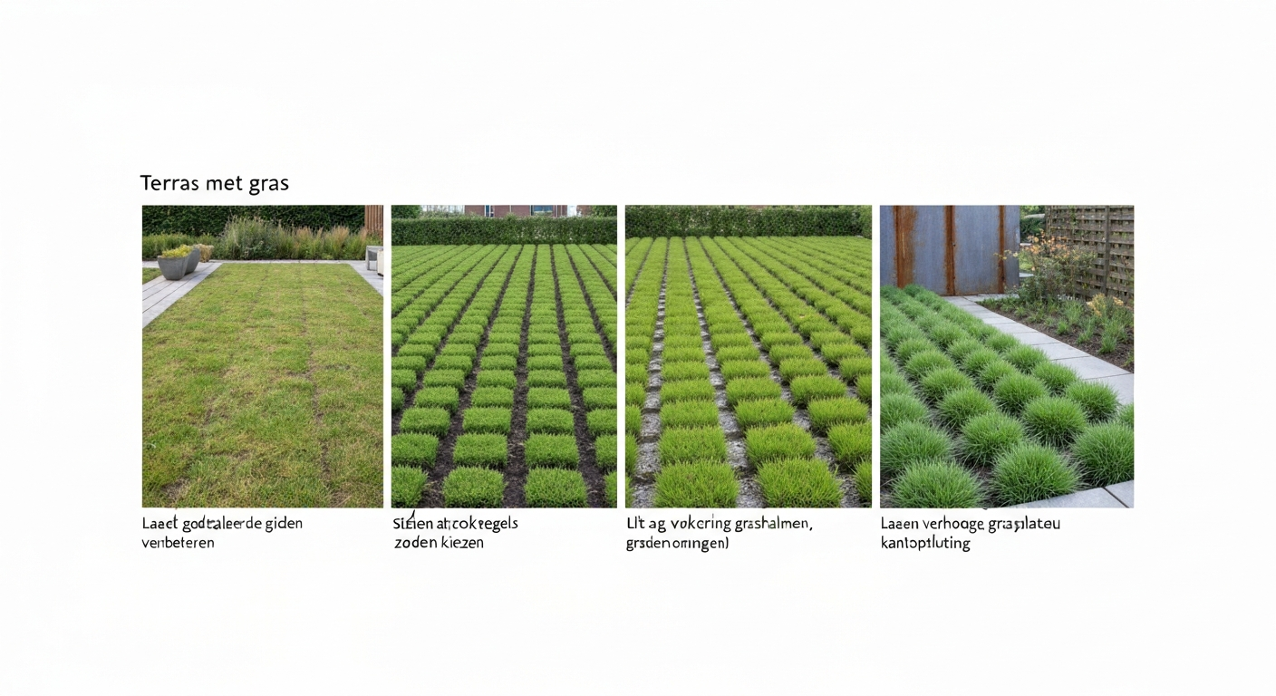 Modern Nederlands tuinbeeld met terras dat overgaat in grasroosters en een verhoogd grasplateau met cortenstalen rand, in de middagzon.
