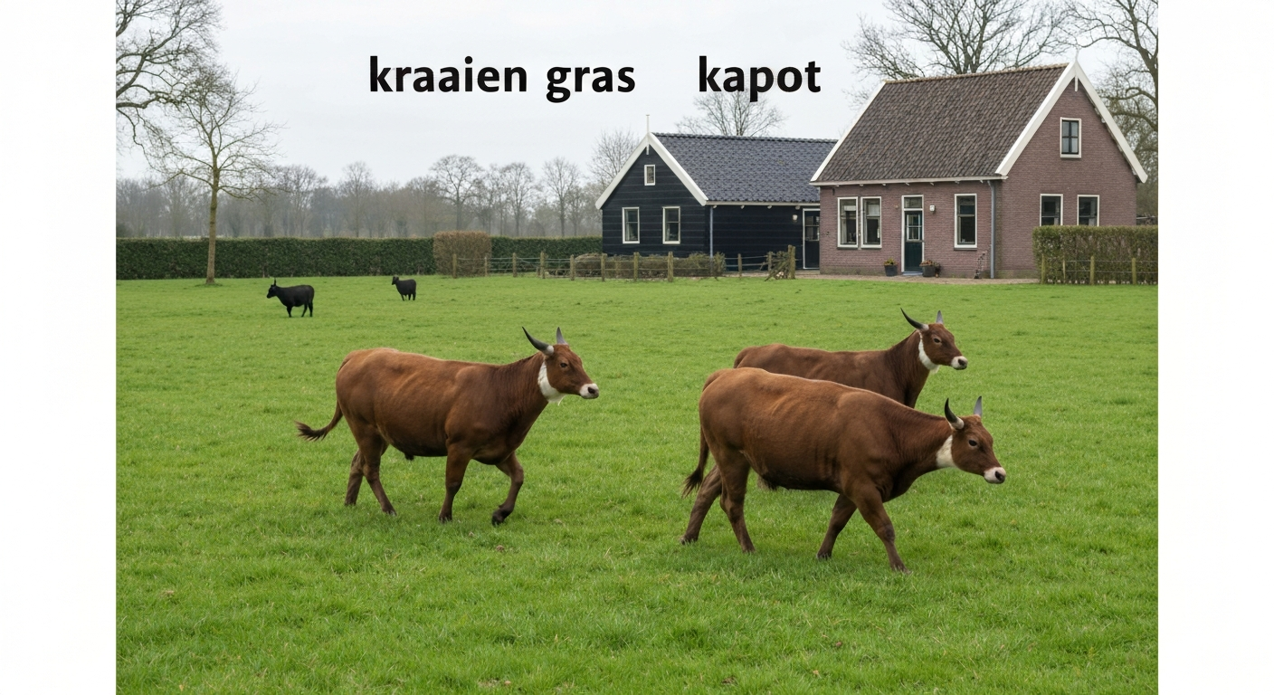 Gazon met opgetilde zoden door kraaien, met twee kraaien op de achtergrond, Nederlandse tuin met rijtjeshuis.