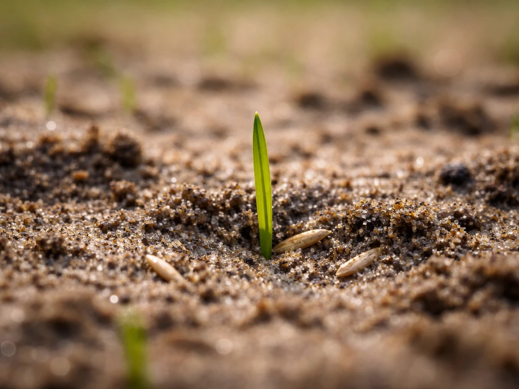 Close-up van ontkiemend graszaad met een klein opkomend grassprietje in licht bedekte grond.