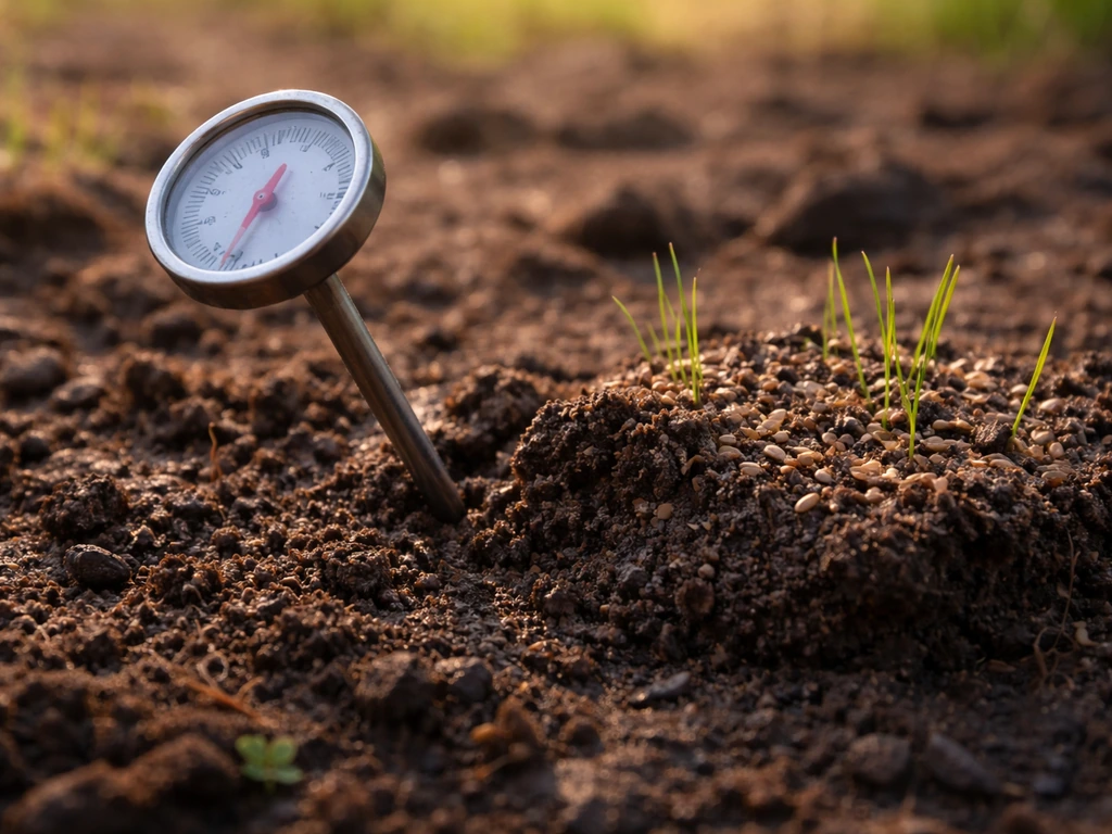 Close-up van bodem met vochtige grondkluit en een kleine bodemthermometer naast ingezaaid graszaad.