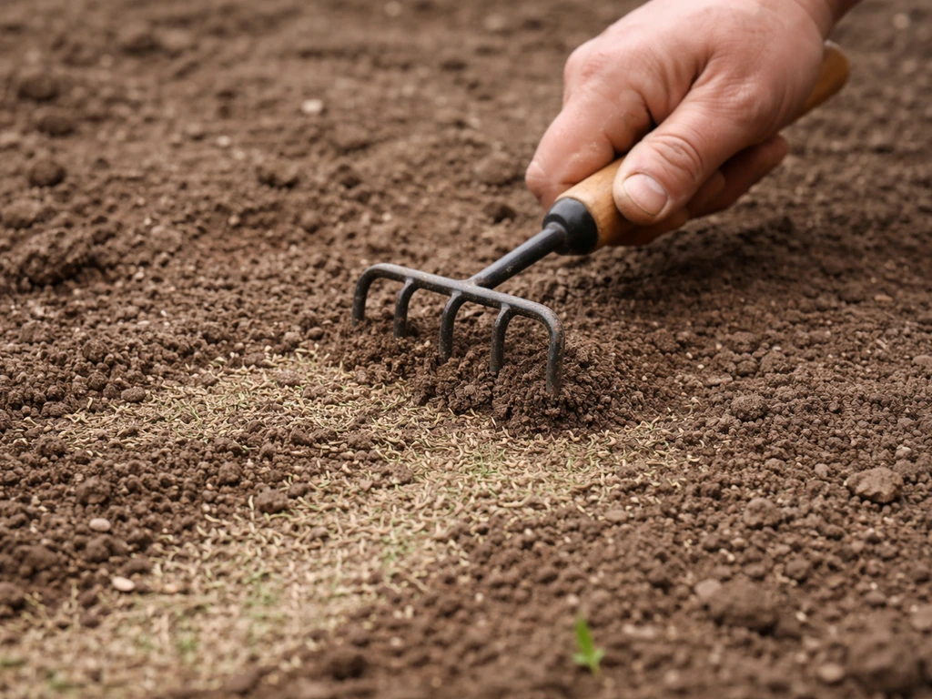 Hand die met hark/raapje een dun laagje aarde over zichtbaar graszaad inzaait tot ca. 5 mm.