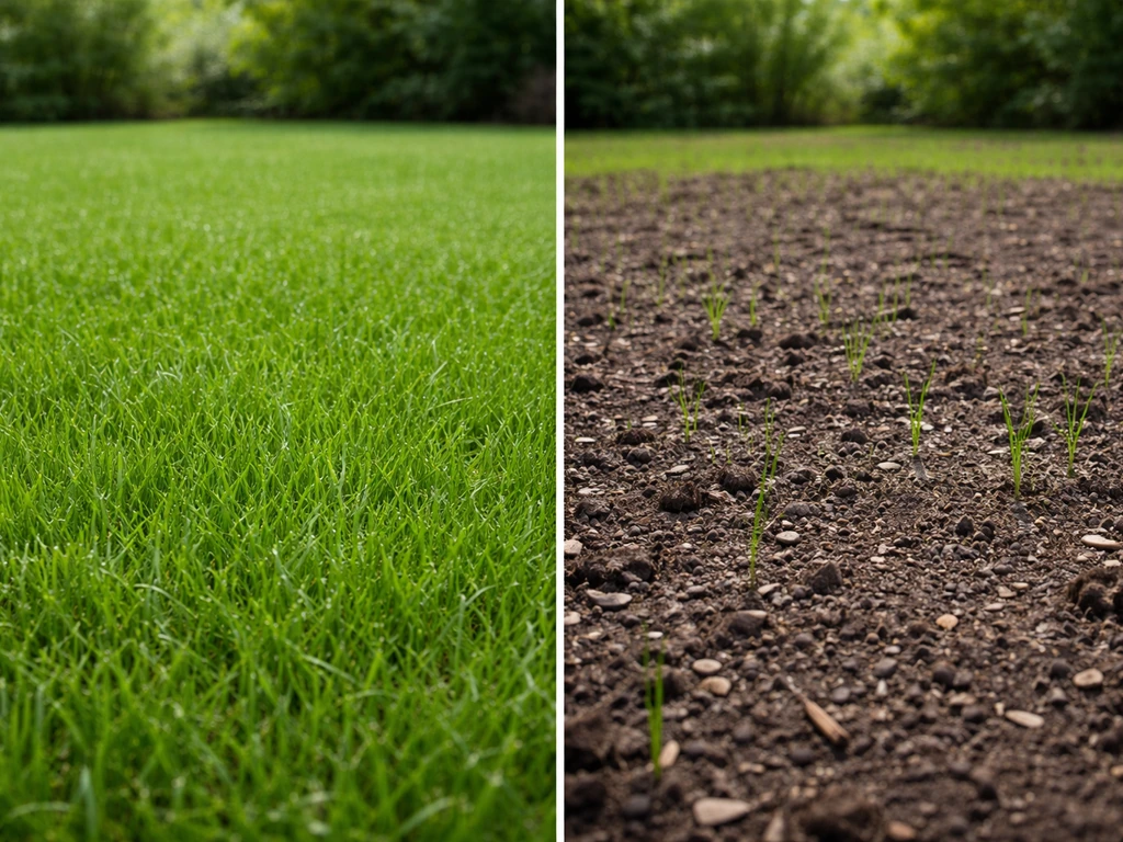 Links nieuw gazon met gelijkmatige opkomst, rechts een kale plek met jonge sprieten na doorzaaien.