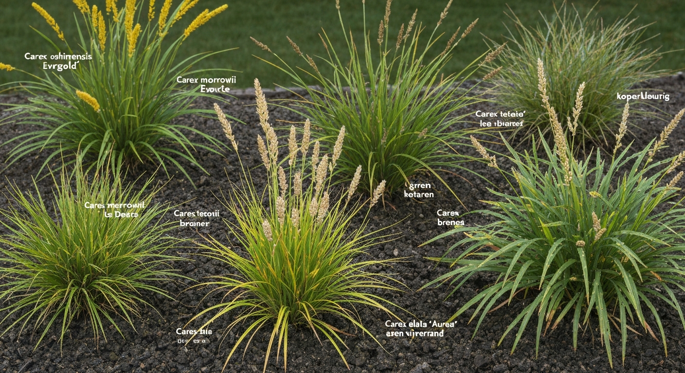 Border in Nederlandse tuin met diverse sierzegges (Carex) in verschillende bladkleuren