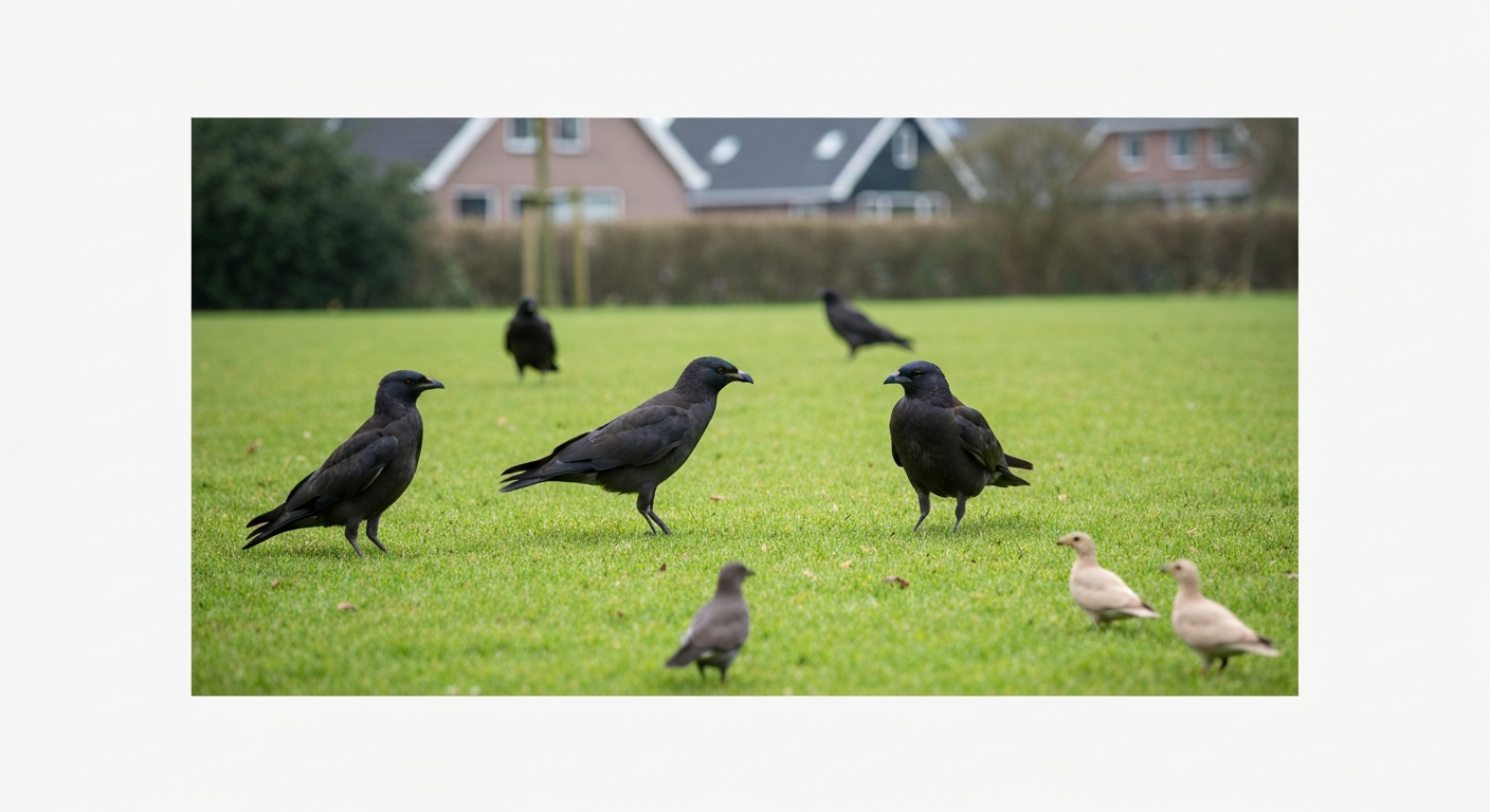 Kraaien die ’s ochtends een gazon omwoelen; losgetrokken graszode en zichtbare larven in de bodem.