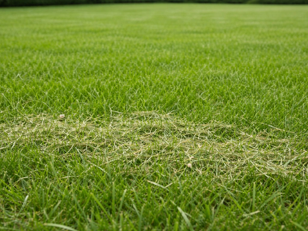 Droog en fijn maaisel, dun verspreid als mulch op een groen gazon, klaar om te laten liggen.