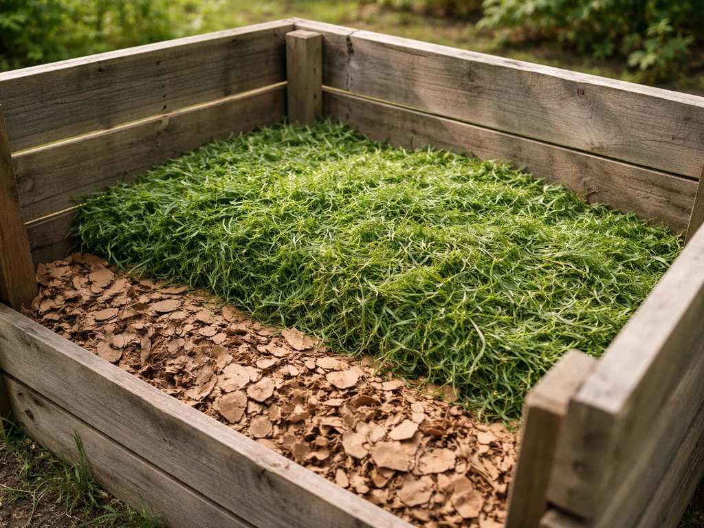 Open compostbak met onderin bruin materiaal en daarboven groen maaisel, gelaagd en netjes opgebouwd.
