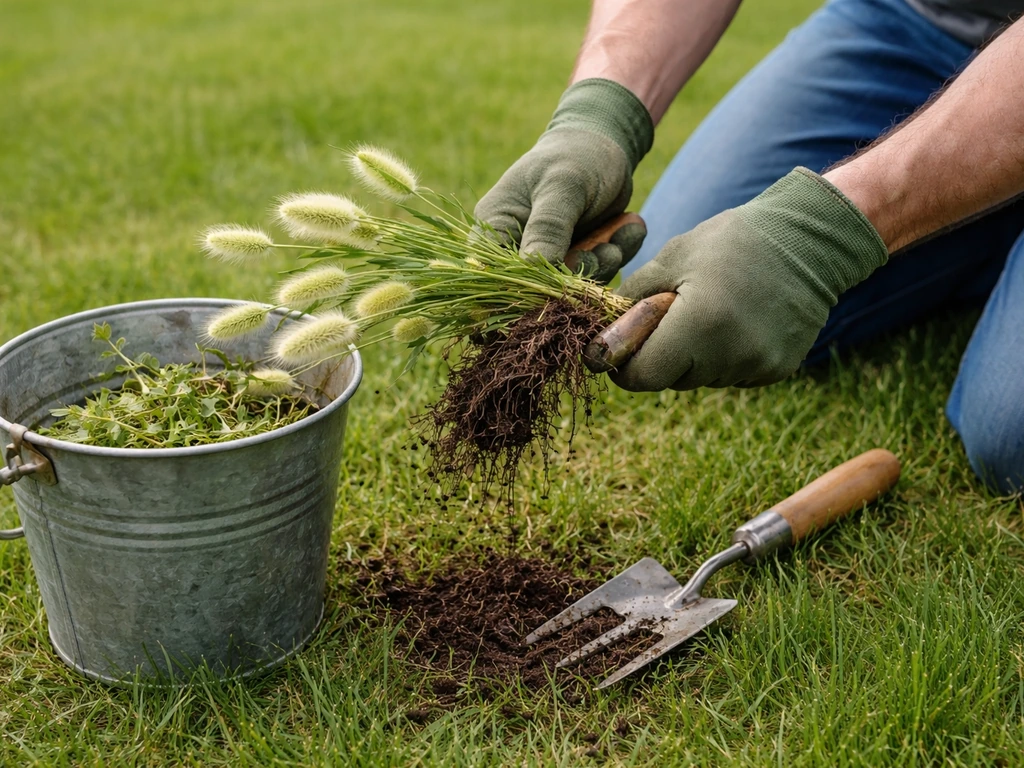 Handen en onderarmen van een tuinier die hazenstaart met wortel uitsteekt in een gazon.