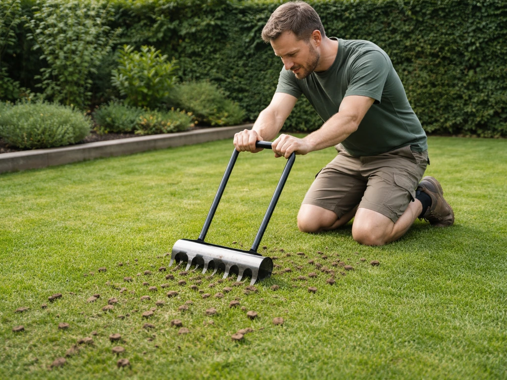 Tuinier met holle beluchtingsprikmachine in een Nederlandse gazon, verse grasmat en grond die wordt gelost.