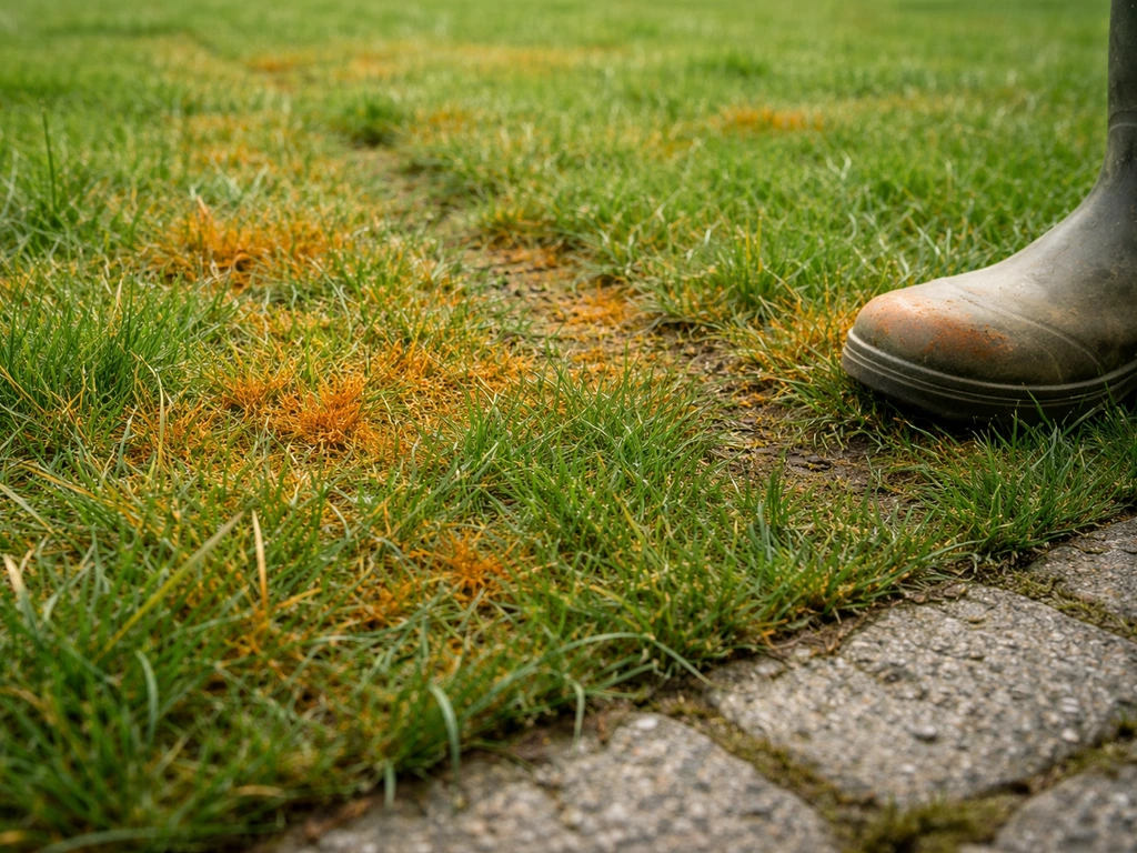 Close-up van oranje roestachtige vlekken op Nederlands gras, met wat oranje aanslag op een schoen.