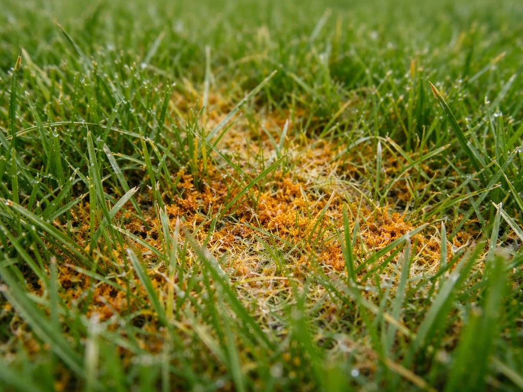 Nabij-opname van geel- en oranje bruine verkleuring op gras door roestwater, met zichtbaar residu.