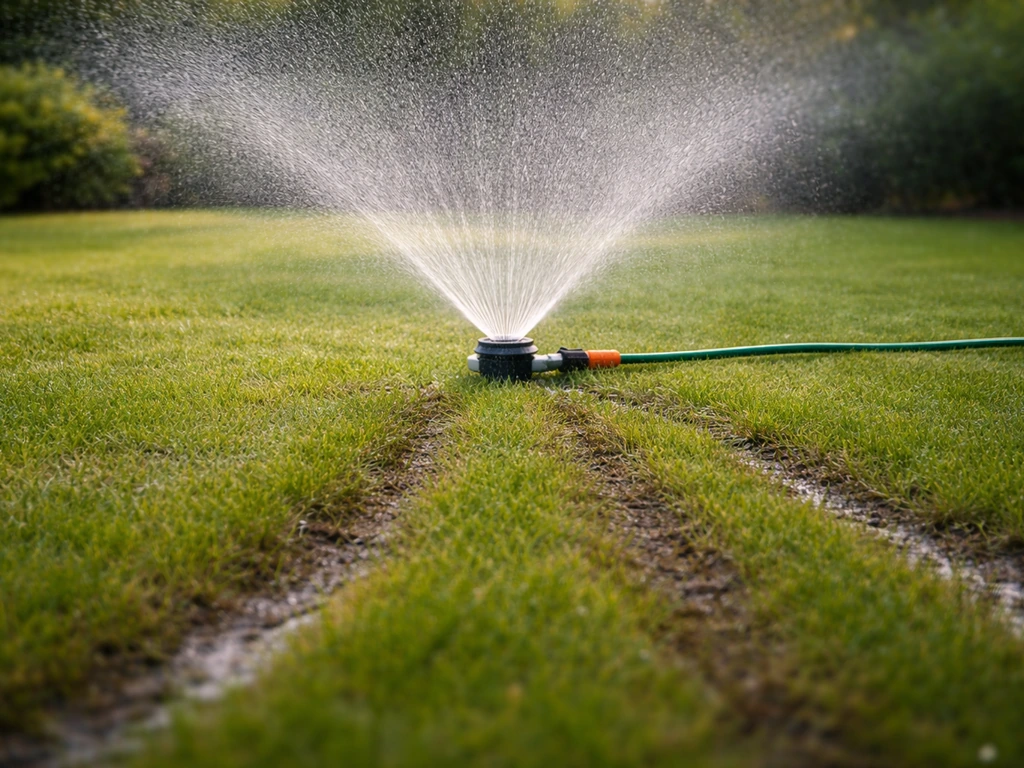 Vroege ochtendsproeier die een gelijkmatige watergift geeft; gras neemt water op, lichte tekenen van drainage.