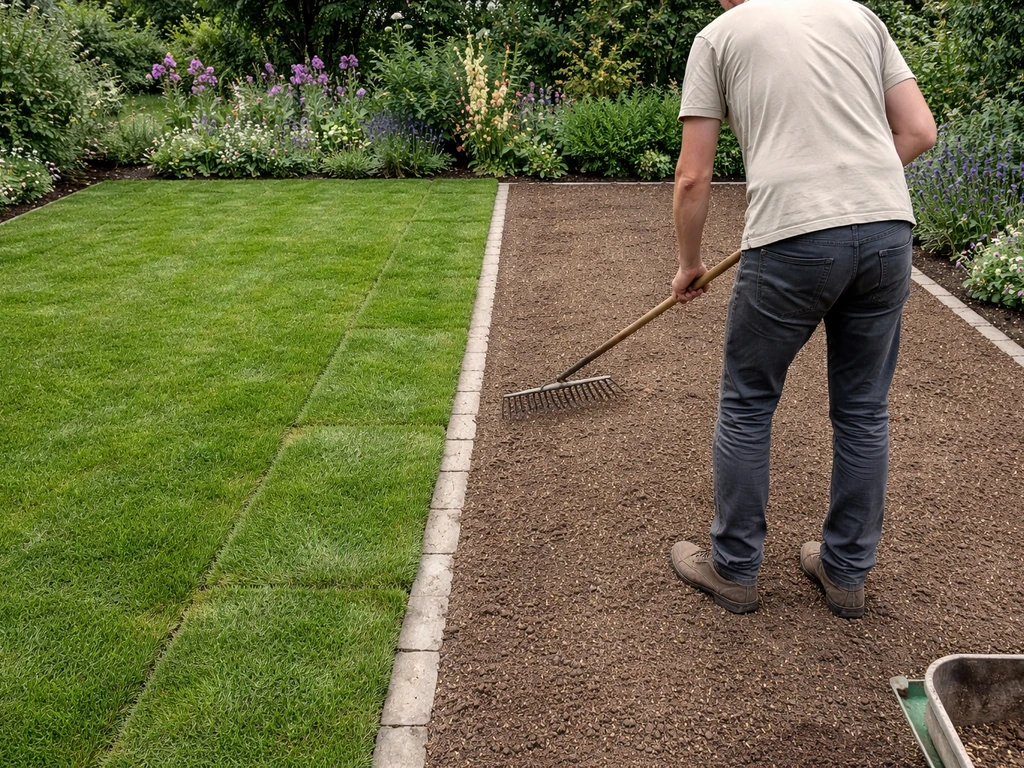 Links graszoden langs de border, rechts ingezaaide strook aarde met harkje, in één tuinbeeld.