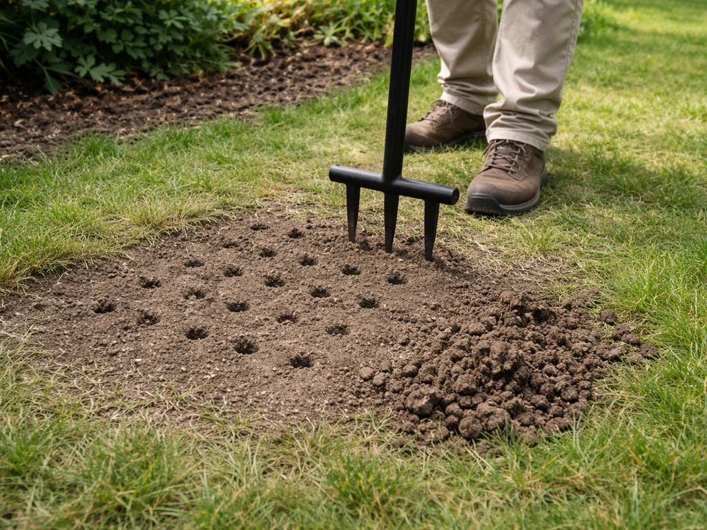 Tuinier die een gazonrand belucht met een doorprikker bij een kale, verdichte plek